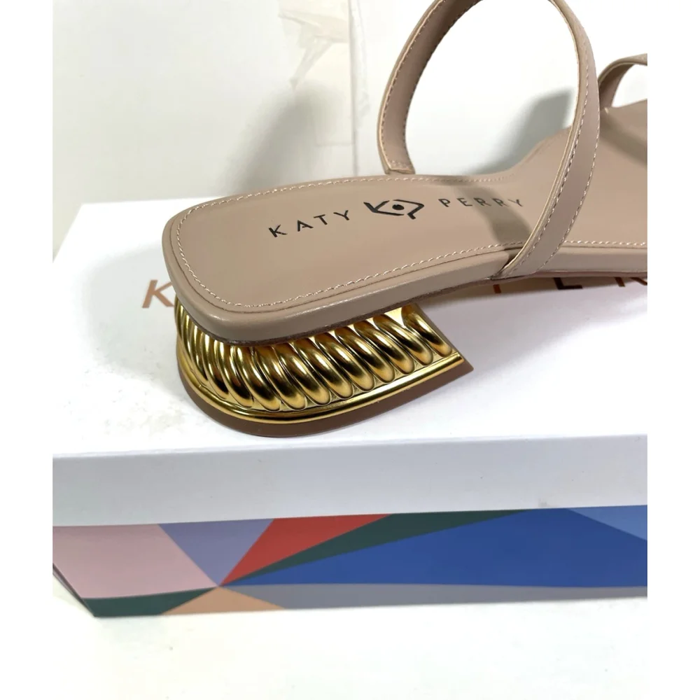 NIB Katy Perry Framing Taupe Slip On Sandal Square Toe Low Gold Heel Size 8.5M - Picture 2 of 6